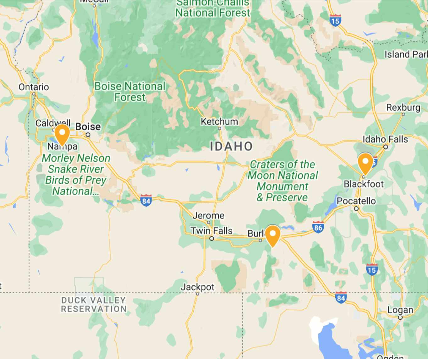 Map of Animal Days locations in Burley, Nampa, and Eastern Idaho