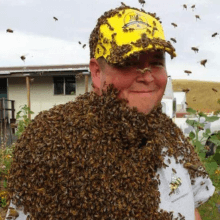Bee man at Eastern Idaho Animal Days smiling as he is covered in honey bees