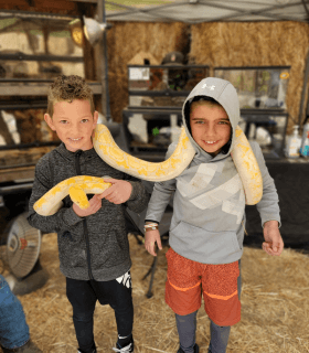 Two boys holding a large snake together during Animal Days family fun in the the spring